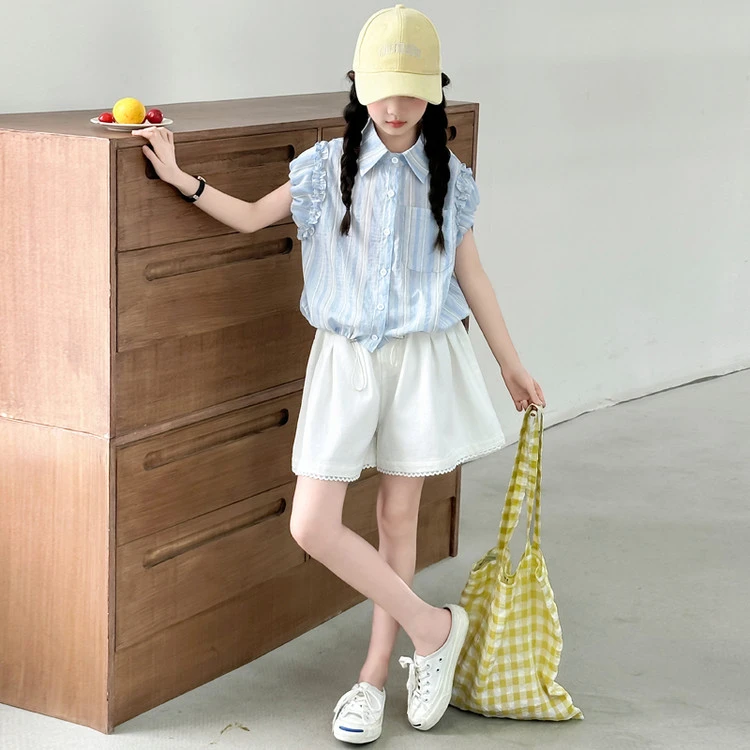 女童夏套装2025新款儿童女薄款条纹衬衫两件套女大童夏装半袖衣服