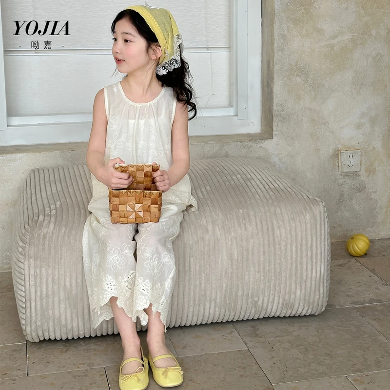 YOJIA女童无袖套装夏季2025新款休闲纯棉女孩童装儿童两件套夏装