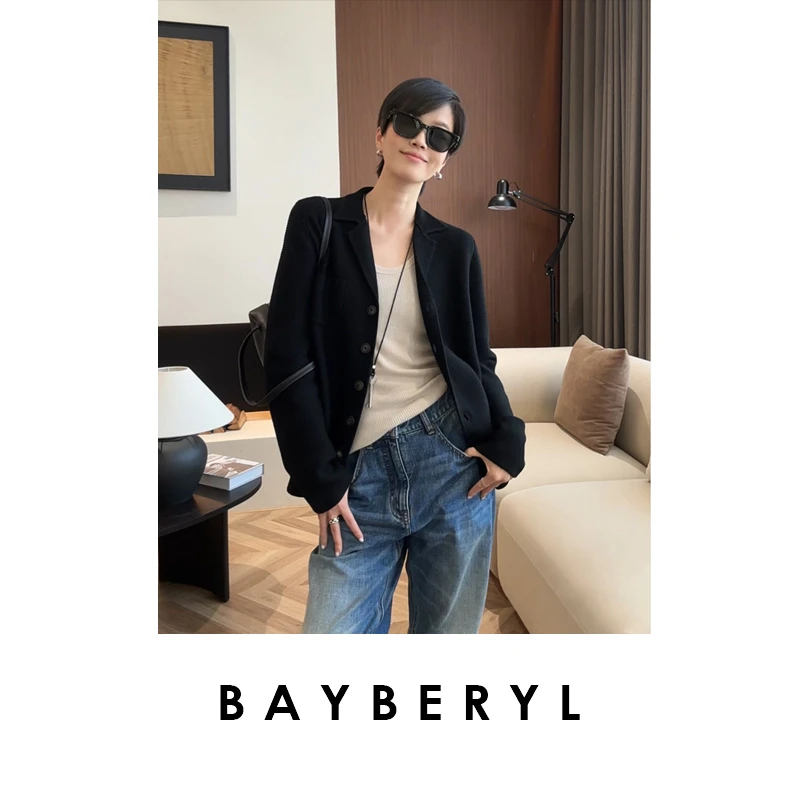 FF-BAYBERYL老贝老钱西装领横织黑色简约秋针织开衫9ZZS5H2842
