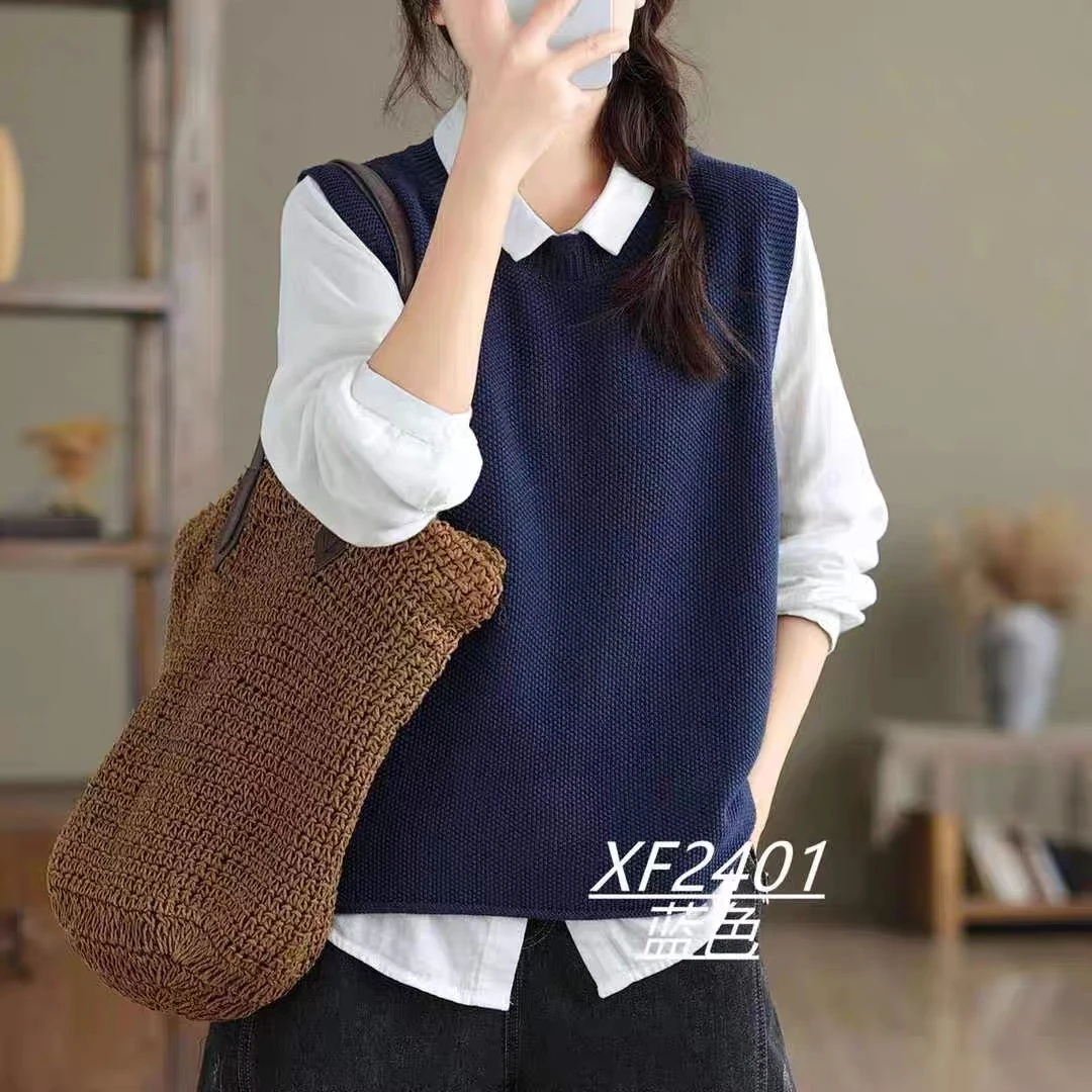 100%棉圆领背心女2025秋季宽松休闲无袖毛衣马甲棉线针织衫上衣