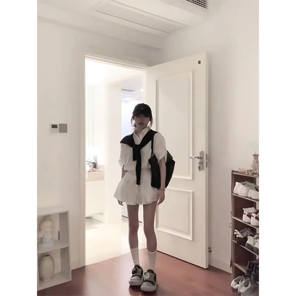 (现货)韩系穿搭套装白色polo领衬衫上衣女春夏季气质短裙两件套