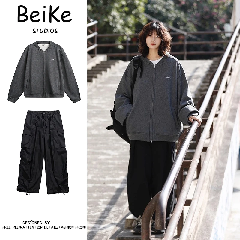 两件装/日系简约cleanfit开衫卫衣男女春秋宽松夹克情侣百搭外套