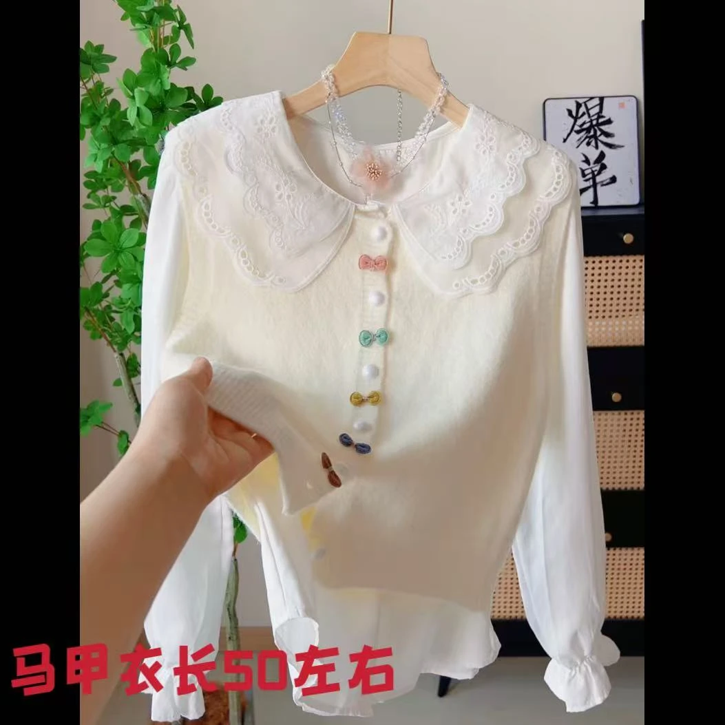2686单排扣糖果色蝴蝶结针织马甲女长袖娃娃领衬衫甜美两件套
