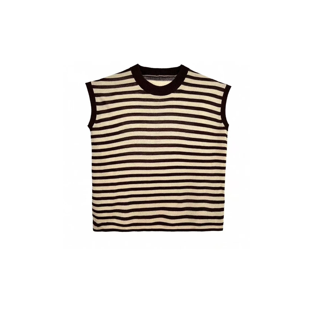 柞蚕丝【冰咖啡】经典条纹100真丝砍袖女气质透气柞蚕丝T恤W1498