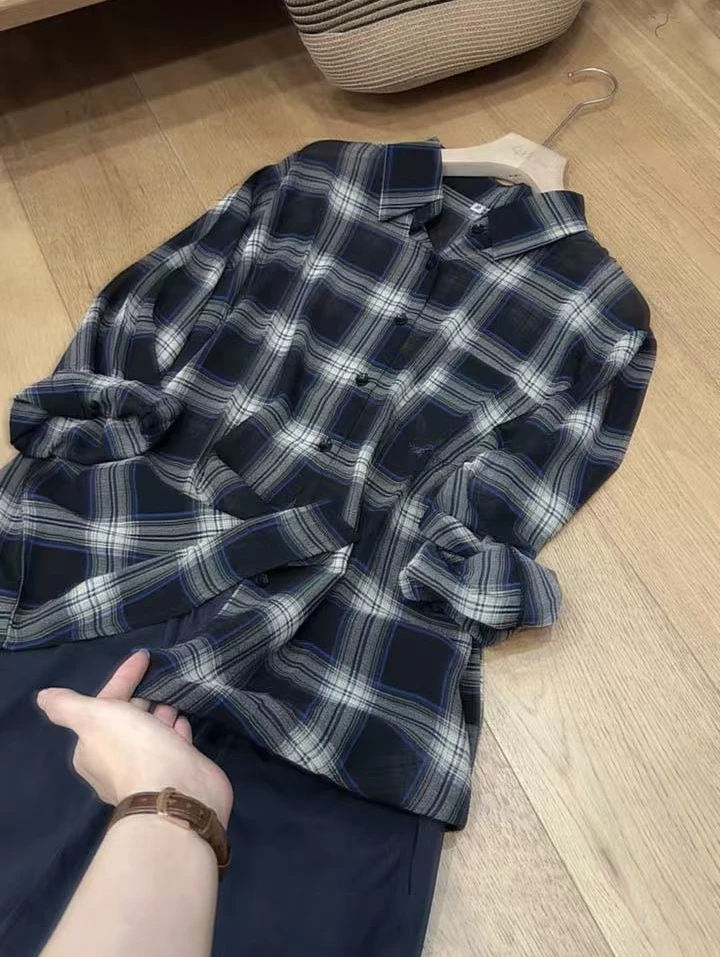 七言家 巨好穿！韩系穿搭@蓝格子防晒百搭空调衬衫