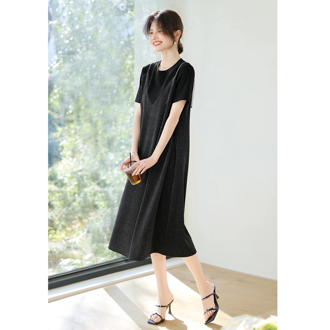XWI/欣未【黑银流光】25夏款气质优雅舒适假两件拼接T恤连衣裙3397