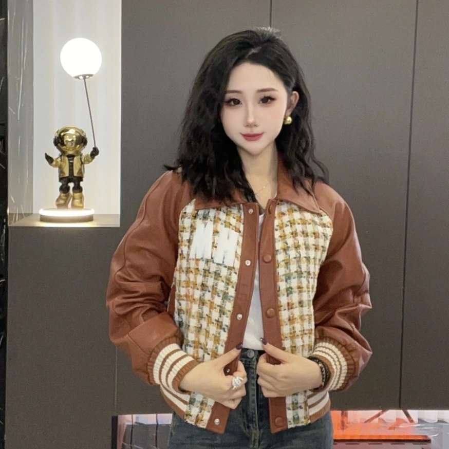 【七月推荐】气质格子洋气拼皮女士短款皮衣女-QIYUE-R276