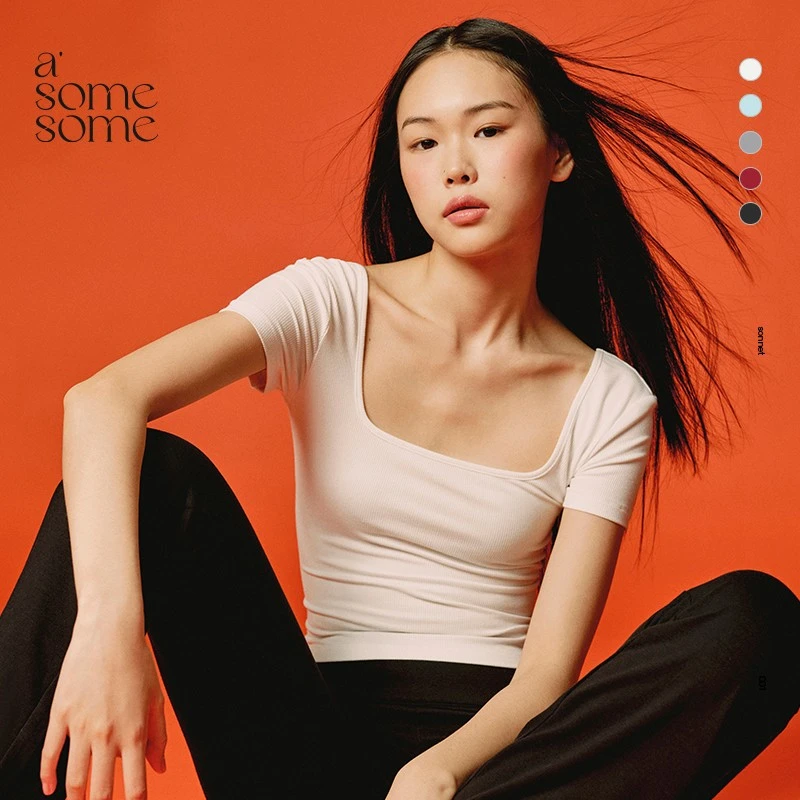 asomesome前后两穿方领露背正肩短袖&辣妹圆领连肩修身短款上衣