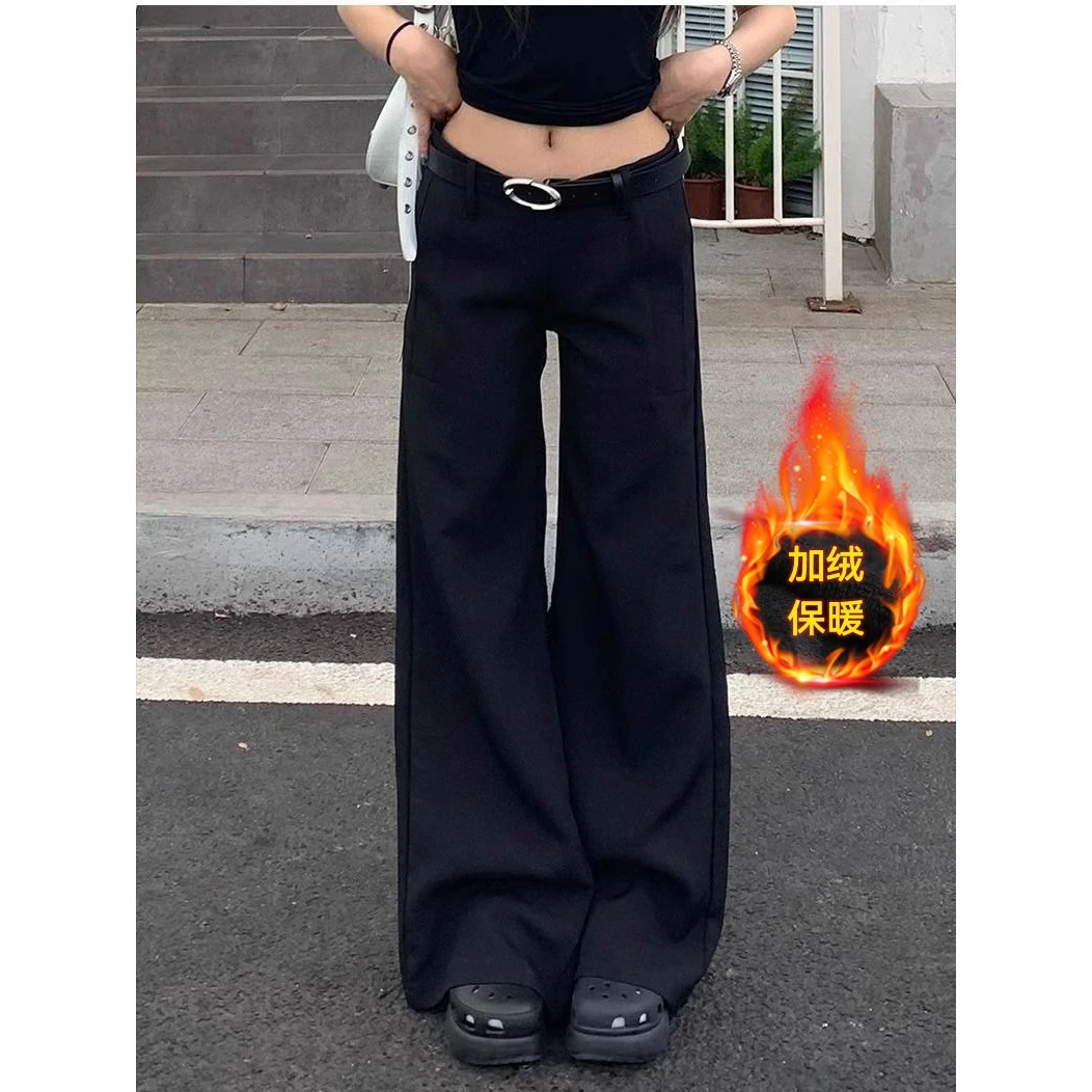 直筒美式复古加绒低腰休闲阔腿牛仔裤女冬感加厚秋冬显瘦拖地宽松