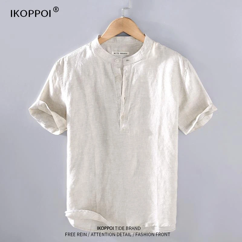 短袖T恤男士夏季休闲百搭纯亚麻体恤简约纯色薄款立领半袖上衣潮