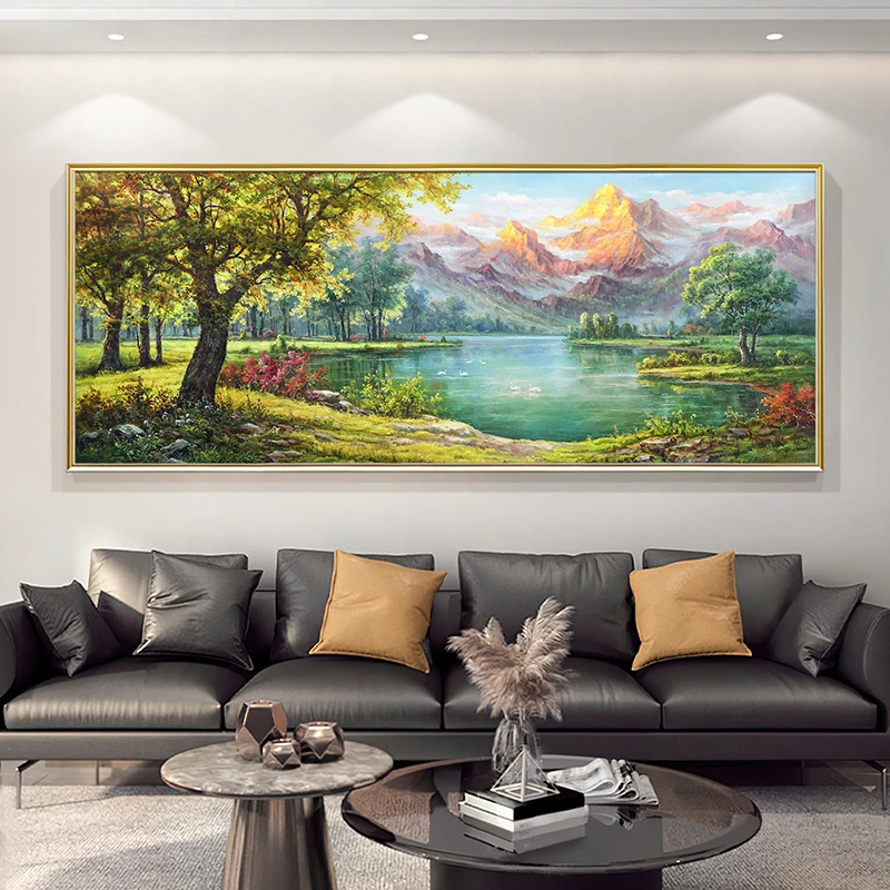 客厅装饰画美式山水风景挂画沙发背景墙壁画金山聚宝盆手绘油画