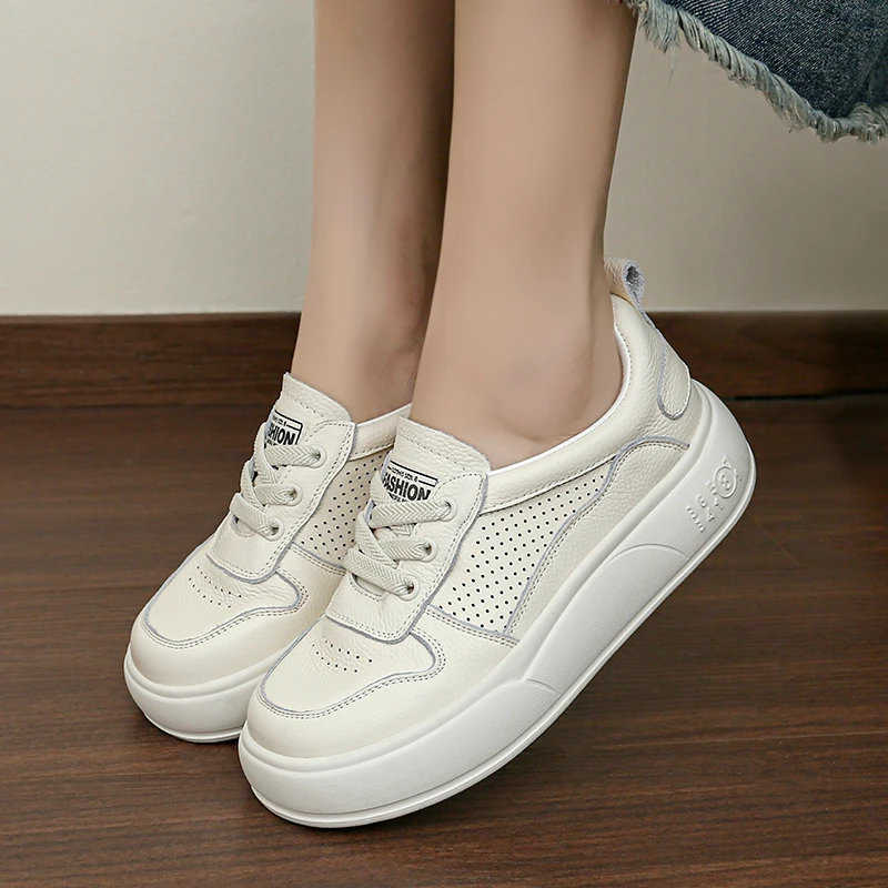 头层牛皮厚底小白鞋女夏一脚蹬轻便增高镂空女鞋运动休闲透气板鞋