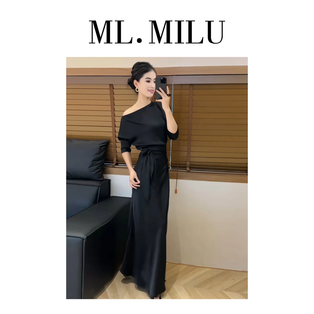 新款法式温柔优雅气质斜肩小衫高腰绑带半身裙套装