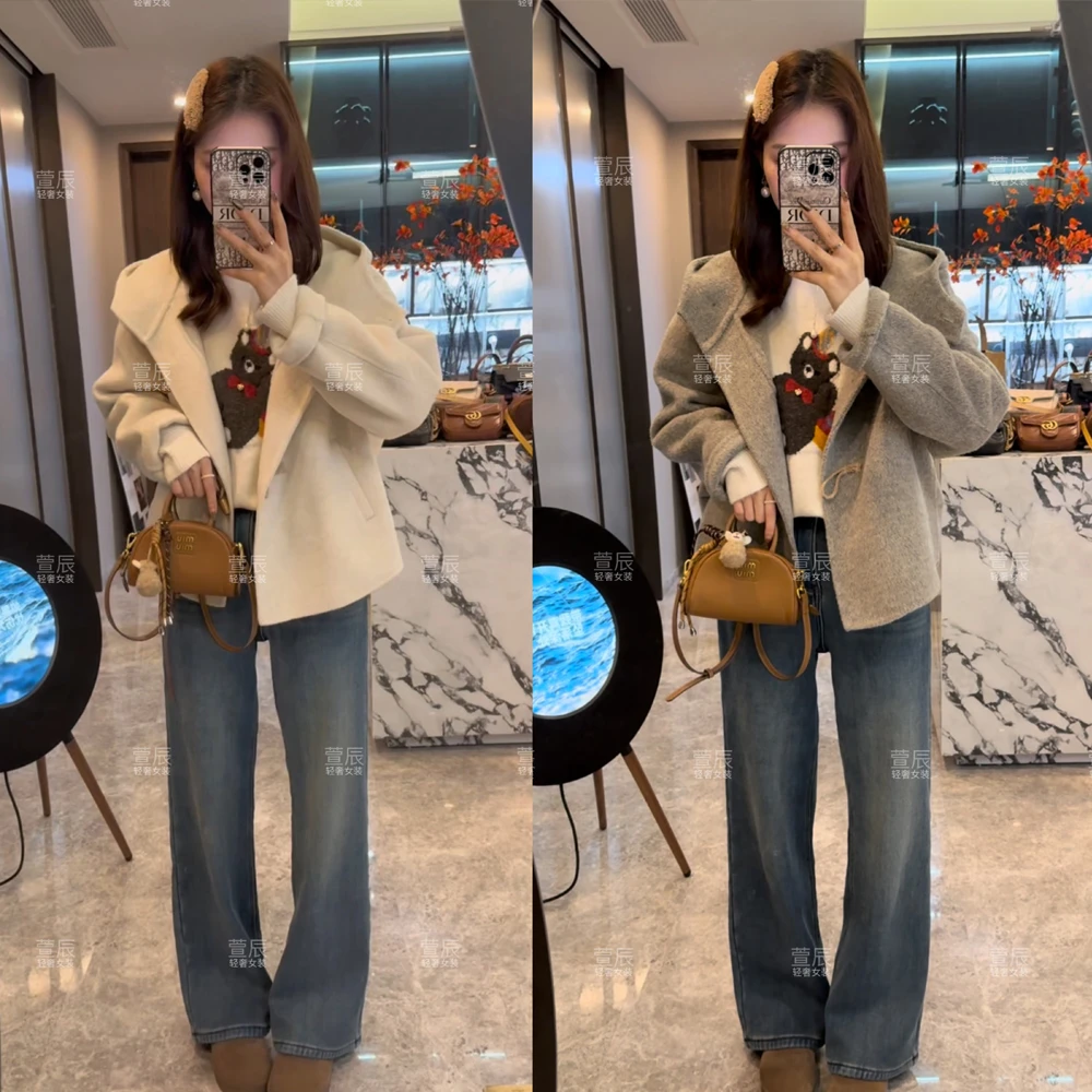 【雾都晚宴】轻奢设计感连帽短款有双面呢外套时尚洋气毛呢外套3709