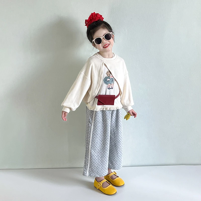 R25003女童百搭休闲波点裤春季新款卡通毛边长袖T恤罩衫卫衣套装