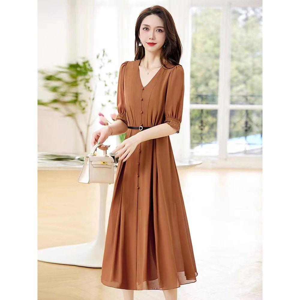 暖长裙夏季宴会树脂固色气质法式优雅长款短袖连衣裙1013