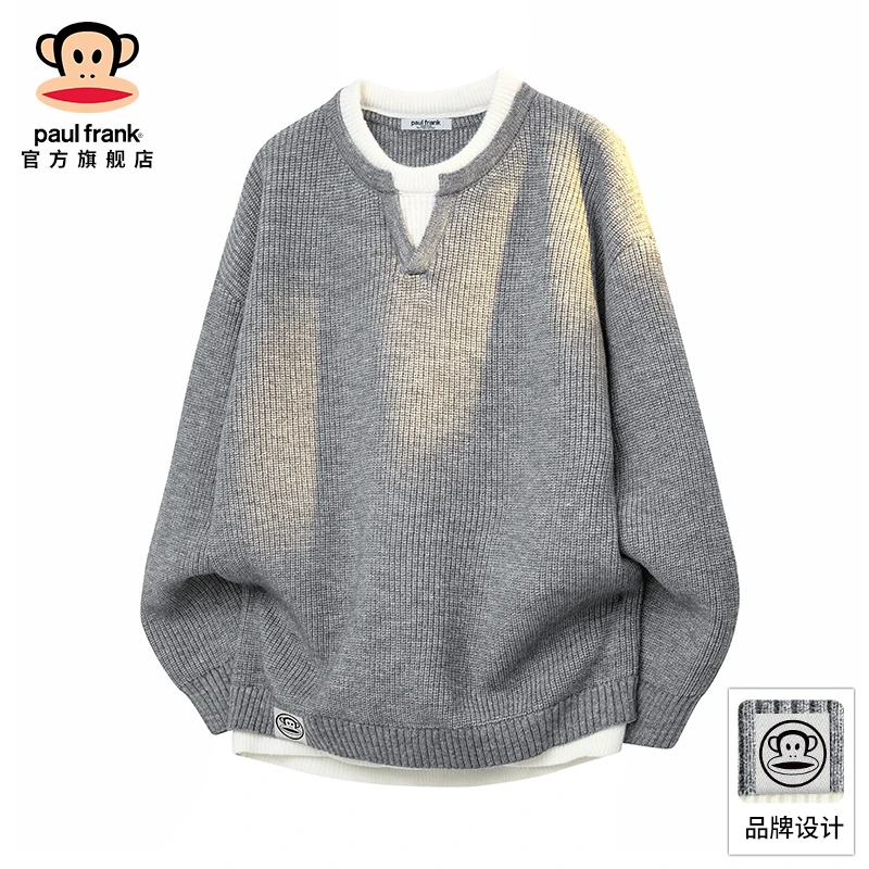 paul frank/大嘴猴假两件针织毛衣外套男秋季休闲宽松亨利领上衣