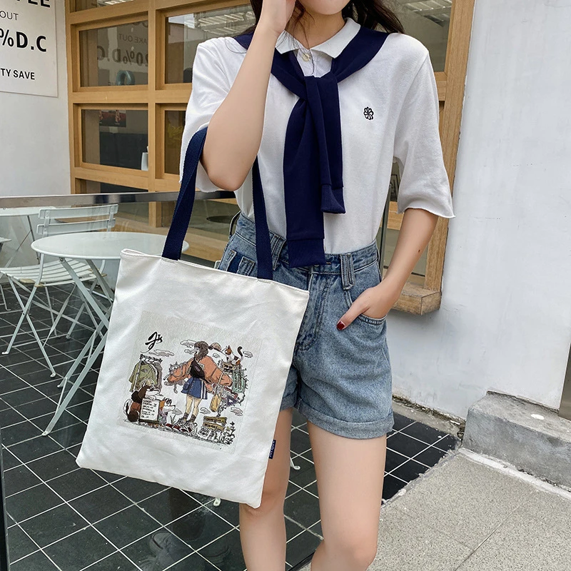 【帆布包】印花文艺单肩帆布包女式手提购物卡通人物帆布包