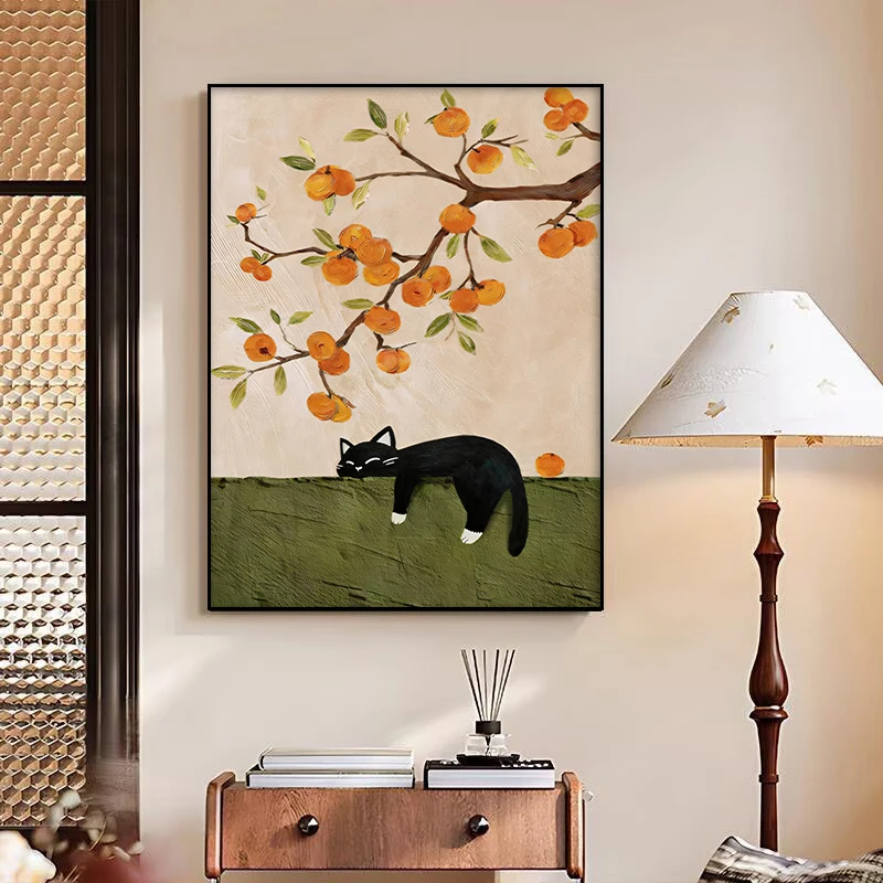 S35中古风客厅装饰画法式复古沙发背景挂画柿柿如意猫咪玄关壁画