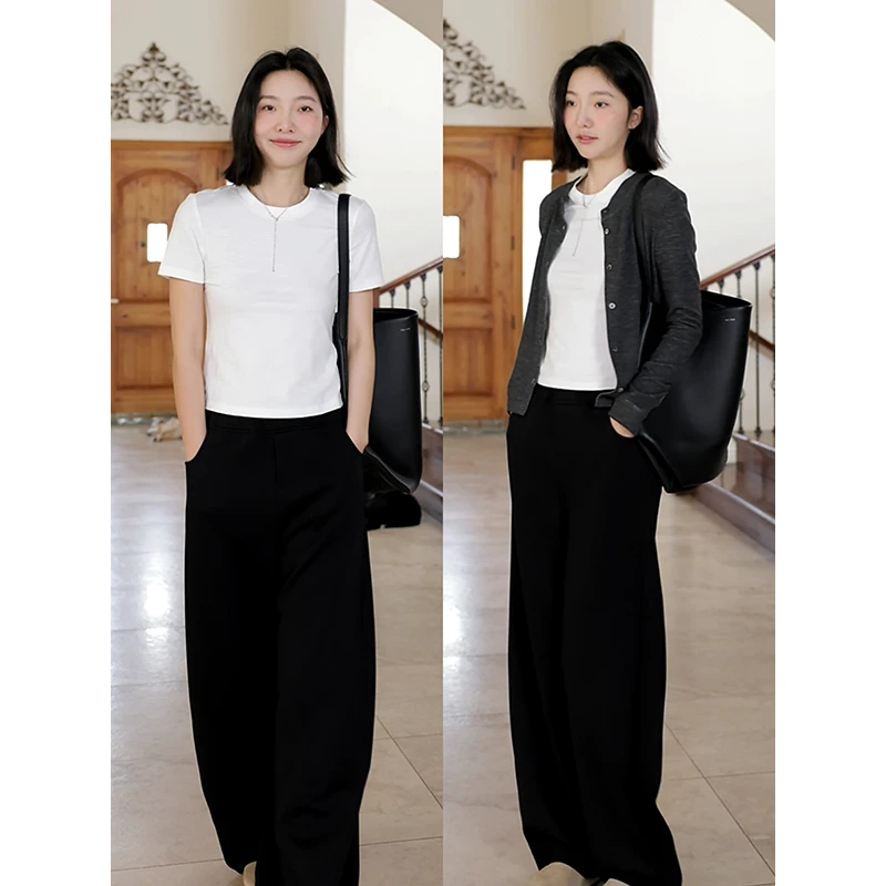 郭九九呢 棉高级感简约百搭圆领短袖t恤弹力显瘦开衫 G925A01458