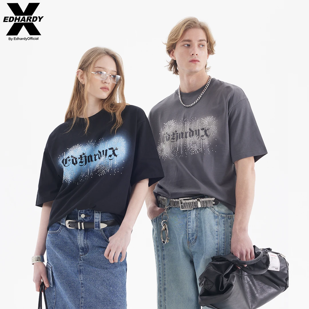 EDHARDY X烫钻edx潮牌短袖T恤休闲宽松夏季男女同款X1C1FA310016