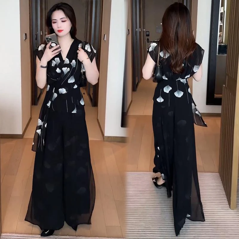 百搭时尚雪纺套装女2025夏季新款时髦洋气设计感印花上衣阔腿裤两