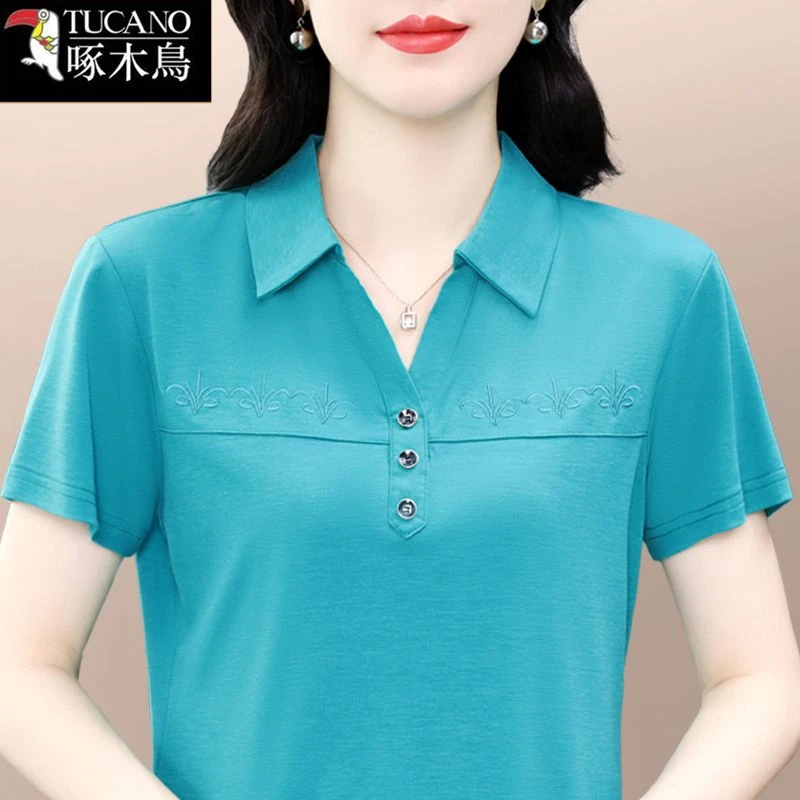 啄木鸟正品夏季翻领短袖T恤女2025新款百搭夏装大码减龄刺绣上衣
