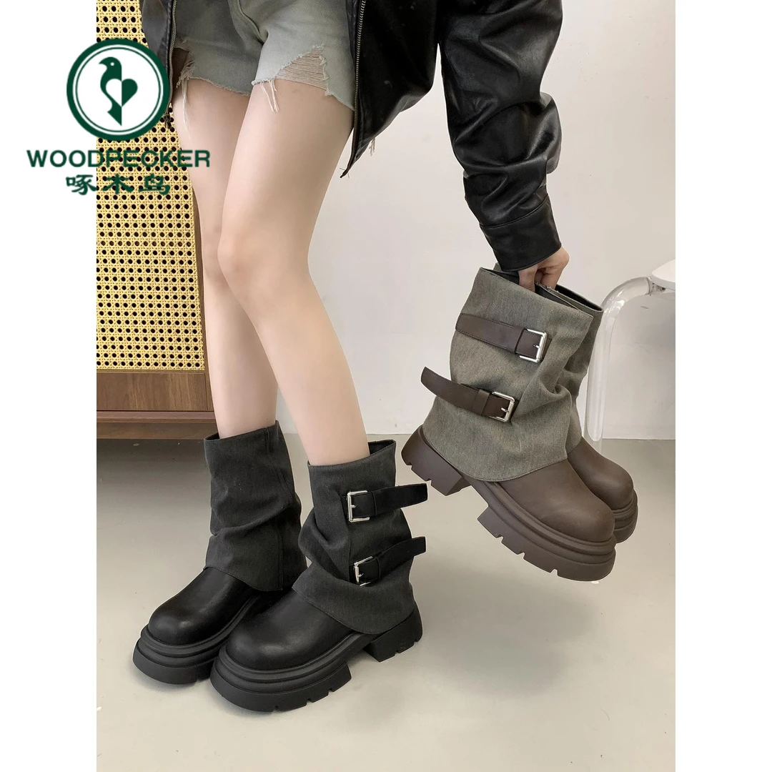 啄木鸟复古裤管靴女加绒2025秋冬季新款厚底增高马丁靴小个子短靴