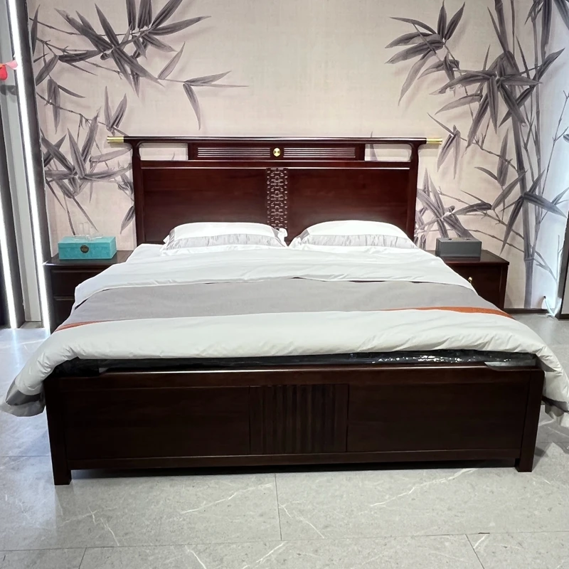 新中式乌金木实木床1.8米别墅双人床1.5米主卧现代简约高箱储物床