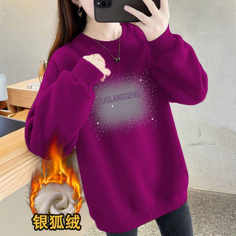 2025新款华棉卫衣女秋冬季圆领韩版时尚印花宽松加绒大码外套ins