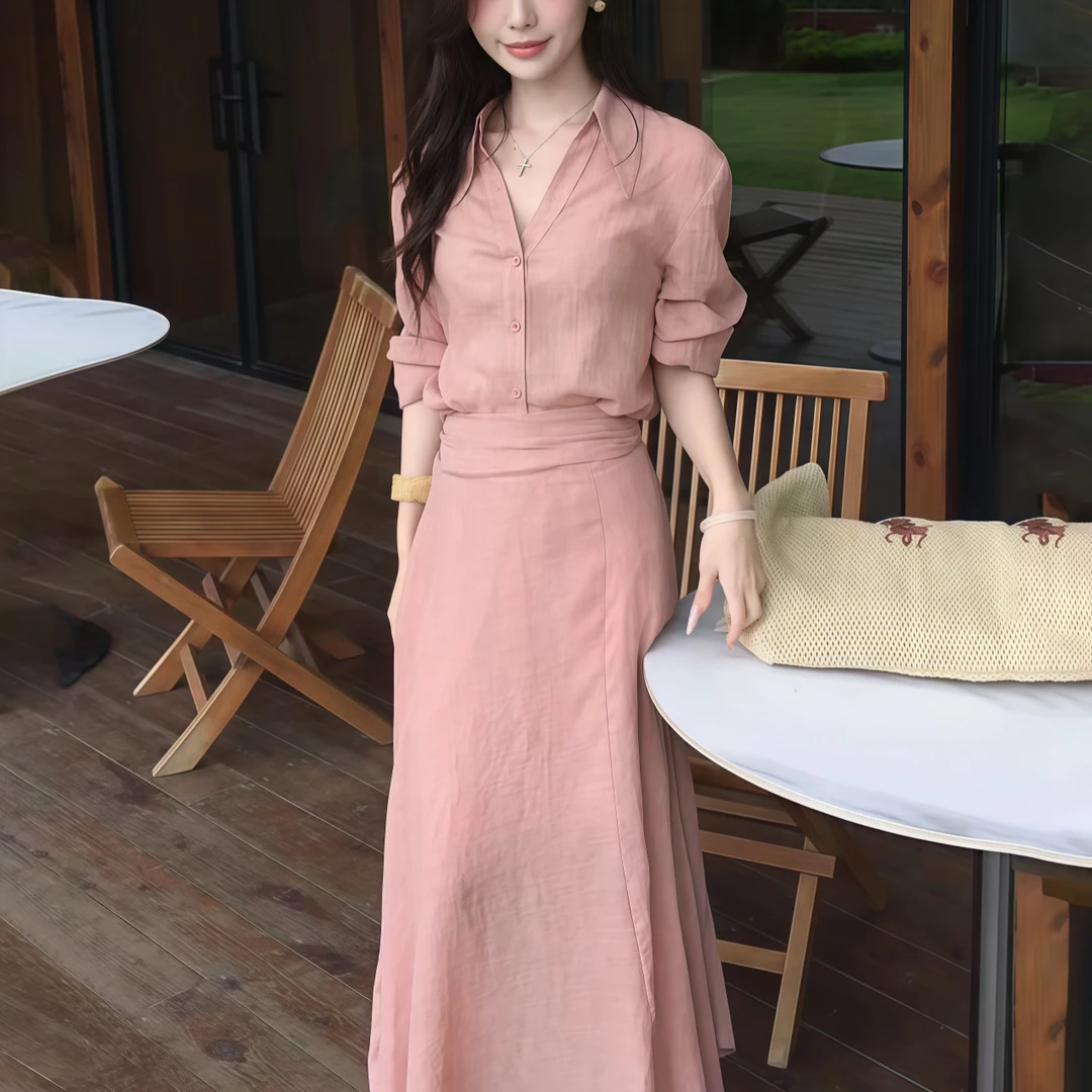 夏季时尚套装女装小众气质长袖裙子百搭减龄高腰半裙时尚显瘦