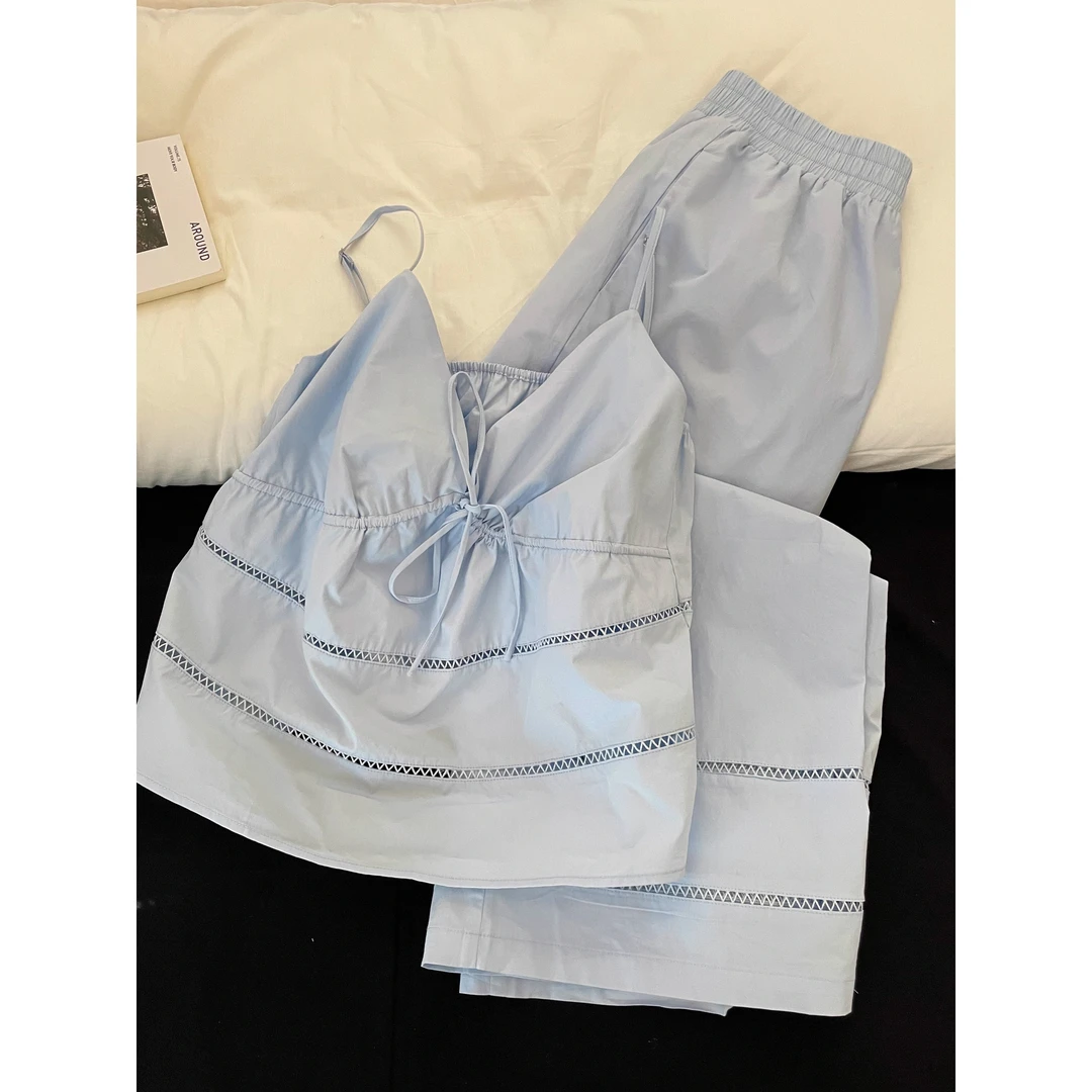 【纯欲风镂空】韩系性感吊带睡衣女夏天穿搭蓝色背心长裤家居服套装