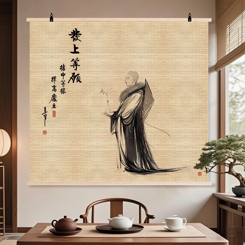 新中式禅意竹帘片卷轴挂画客厅入户玄关墙面免打孔竹子装饰挂画