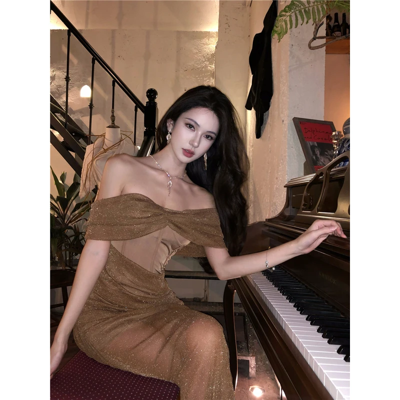 2025新款法式气质别致网纱无袖连衣裙绝美一字肩闪闪礼服裙子女装