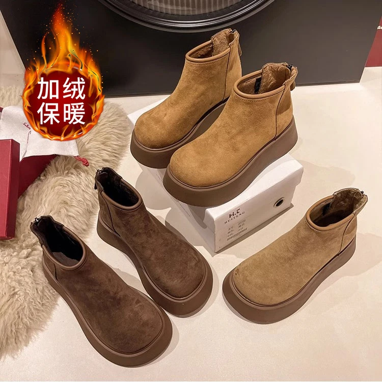 厚底增高勃肯鞋女马丁靴2024新款秋冬季防滑耐磨加绒保暖靴P6066