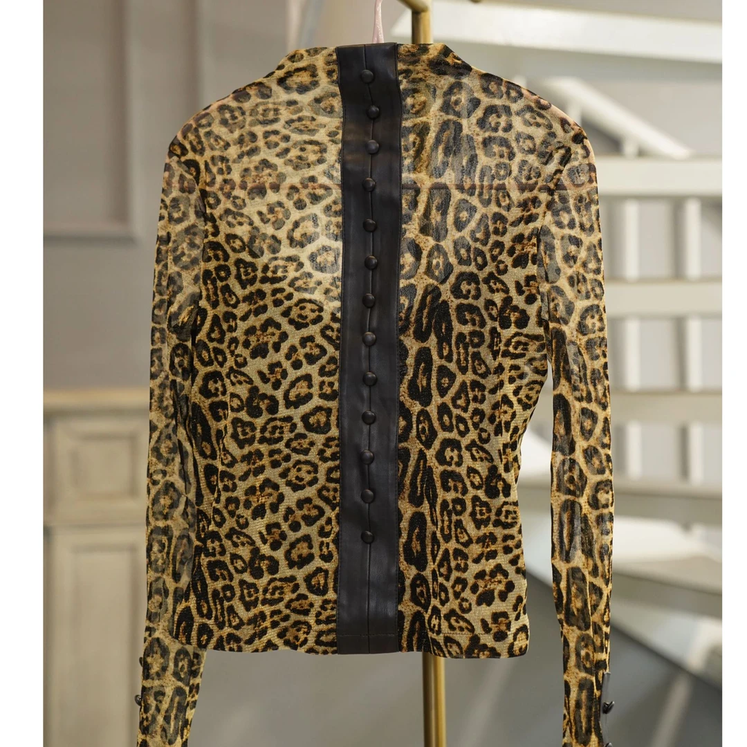 2025新款高领上衣显瘦豹纹高档性感百搭长袖时尚立领复古休闲气质