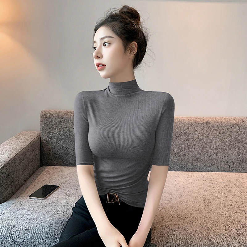半高领中袖打底衫女2025新款春秋内搭黑色螺纹五分袖t恤紧身上衣