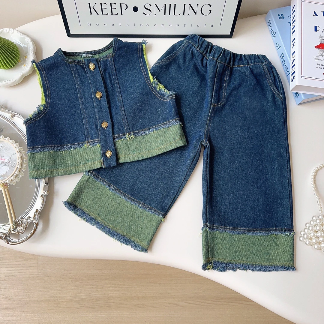 2025韩版女童复古牛仔套装春秋季新款小女孩无袖马甲阔腿裤两件套