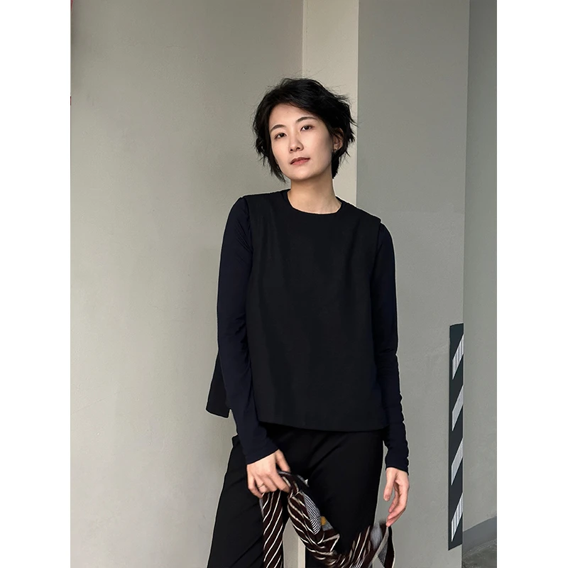 LANGQING 深灰色羊毛叠穿圆领休闲马甲背心43605#