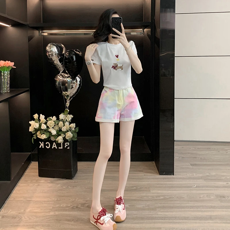 正肩棉圆领短袖女t恤减龄甜辣短款上衣牛仔短裤薄款阔腿渐变热裤