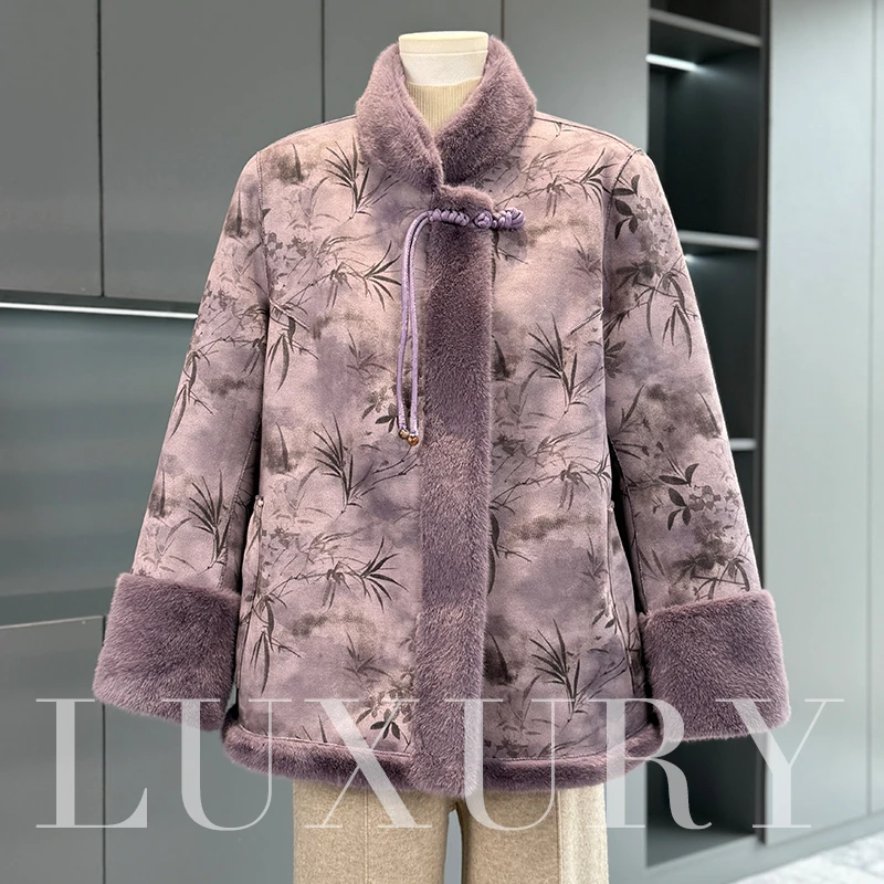 中式中年妈妈冬装水貂绒双面穿外套中年女装加厚国风皮毛一体大衣