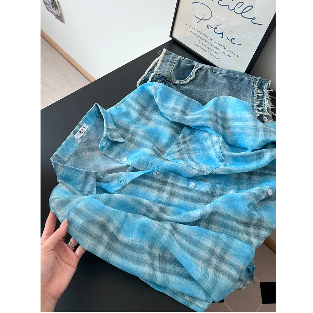 2025夏季新款韩系ins风撞色格子宽松休闲长袖衬衫