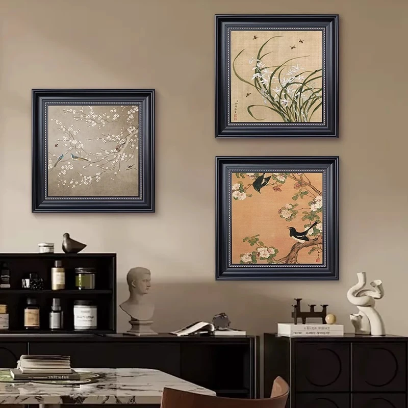 轻法式中古风装饰画复古竹子花卉植物餐厅客厅壁画茶室高级感挂画
