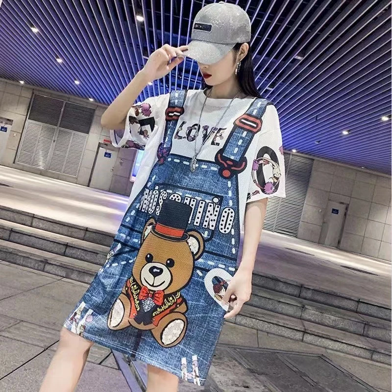 2025年新款夏季中长款冰丝网眼速干短袖t恤女韩版宽松洋气连衣裙