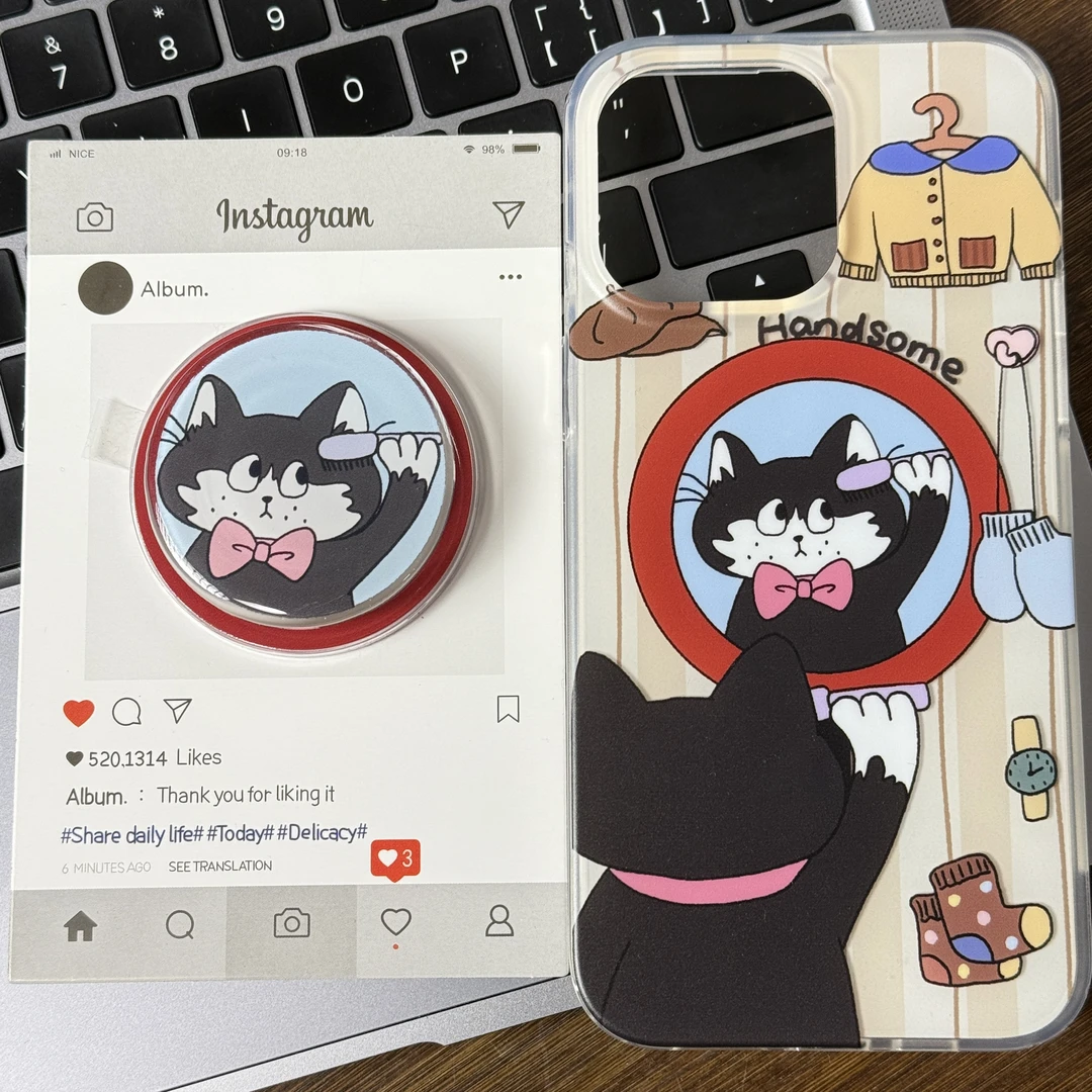 ins可爱照镜子小猫磁吸双层imd磨砂手机壳iPhone15pro/14/13