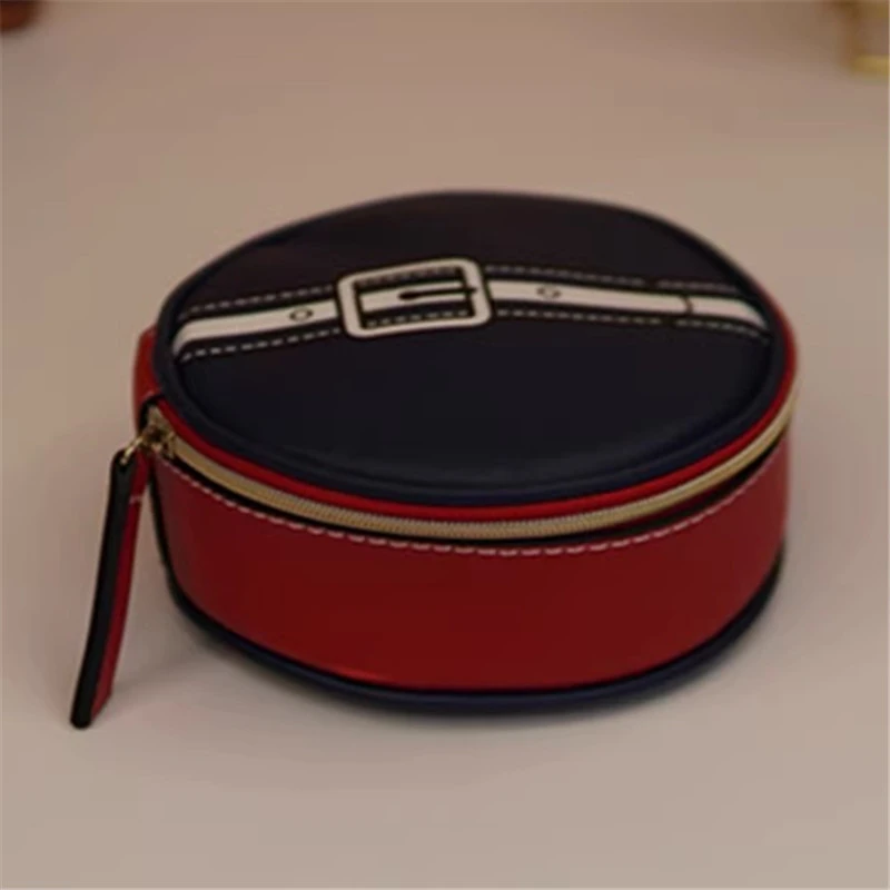 ly636 雅**黛新款海军蓝红色圆形化妆包收纳包首饰包时尚高级经典