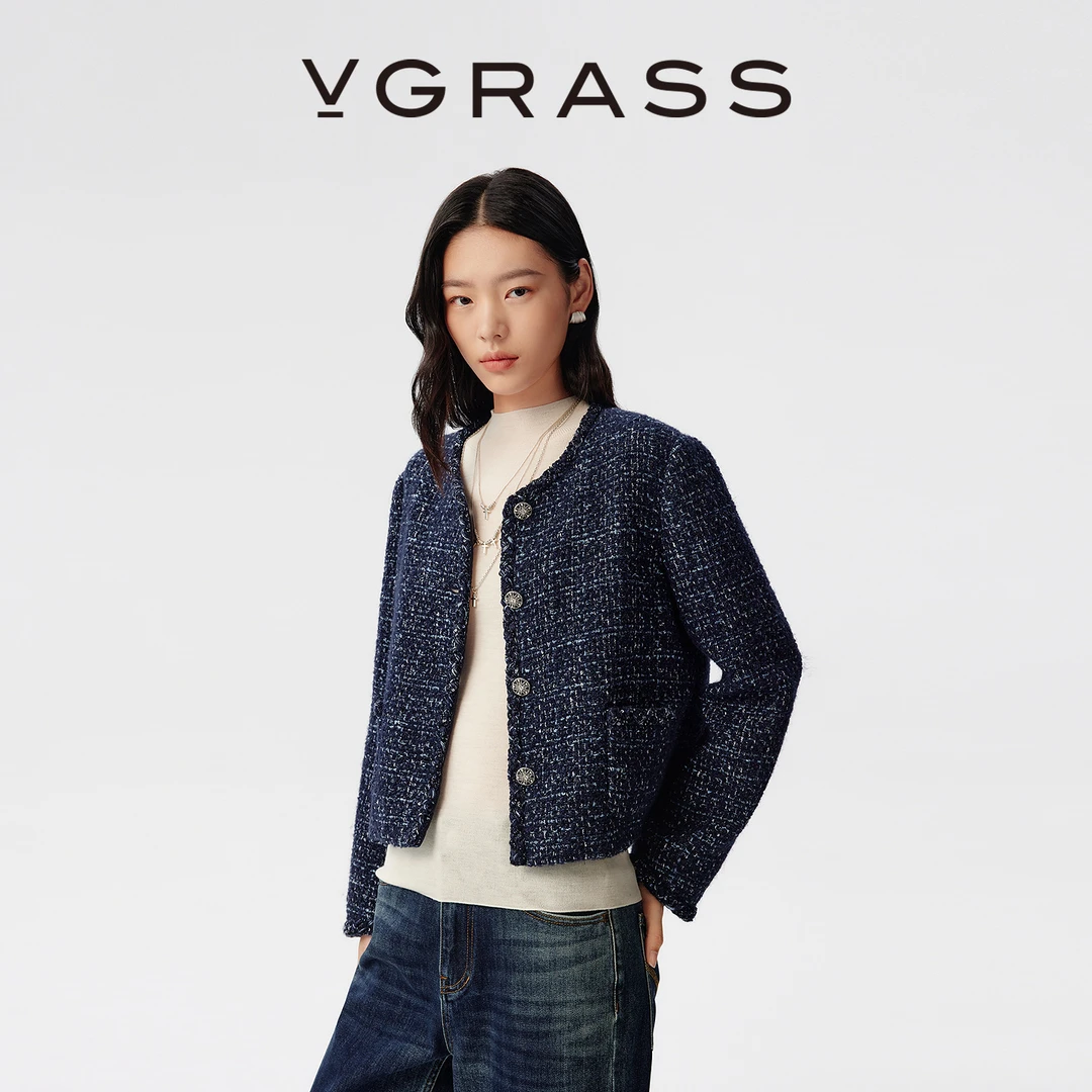 VGRASS25冬季新款混彩编织花呢手工织带边优雅气质短款coco外套女