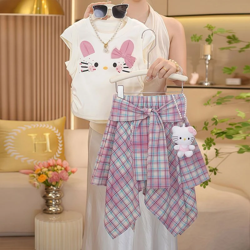 女童夏季套装2025新款洋气中大童印花拼接上衣格纹半身裙两件套潮