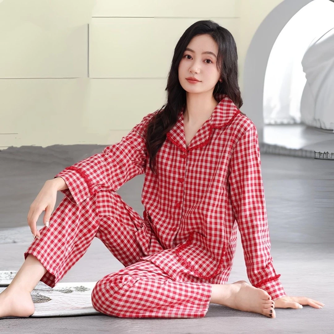 带胸垫睡衣女士春秋款梭织纯棉长袖新款红格子全棉妈妈家居服套装