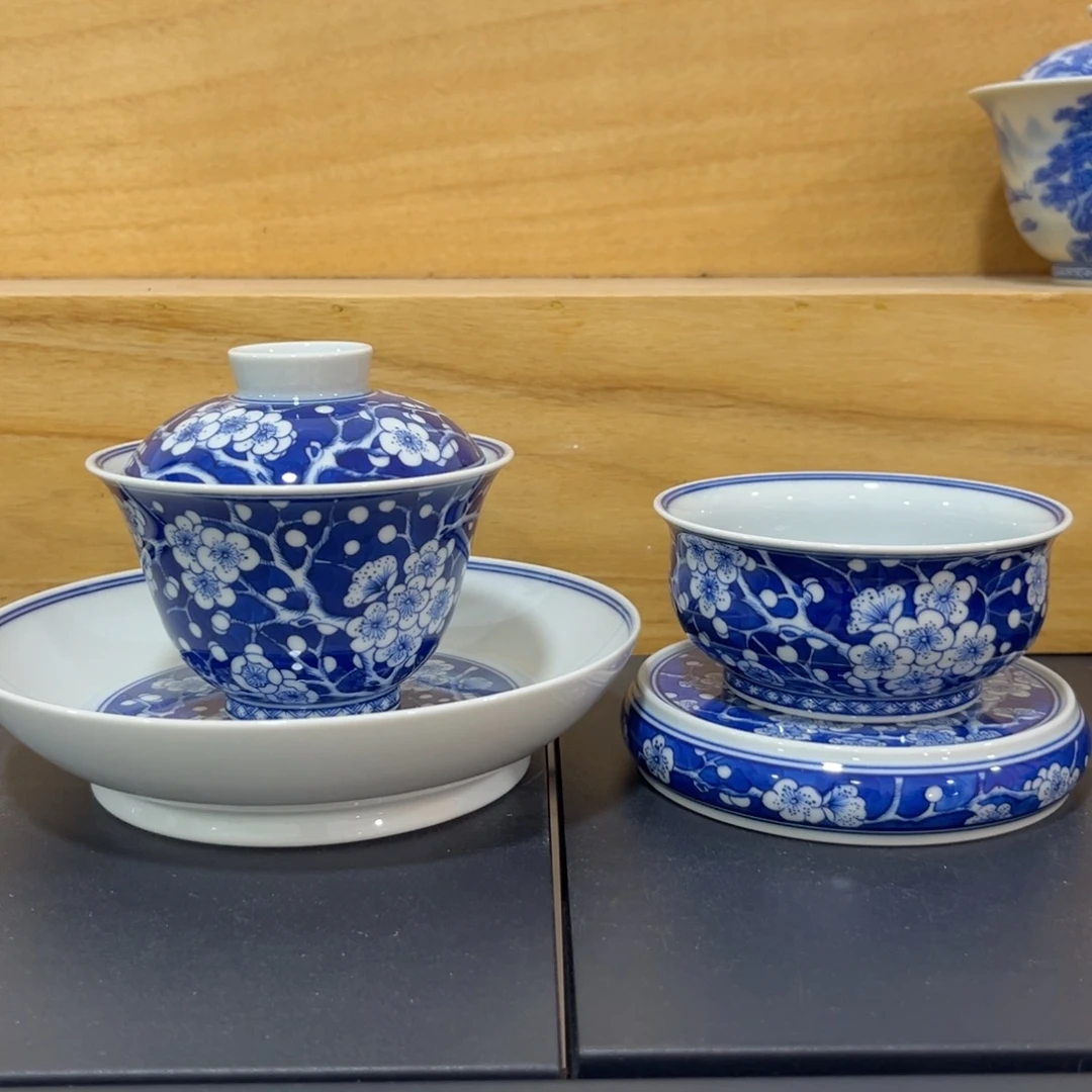 仿清蓝底冰梅四件套